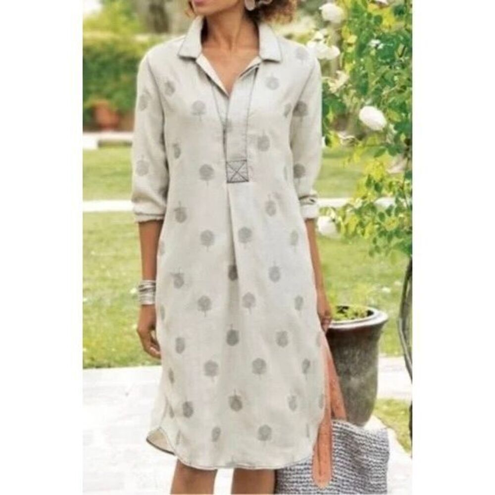 NWOT Soft Surroundings Paisley Park Chambray Feather Embroidered Tunic Dress S